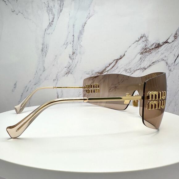 New MIU MIU Aube Sunglasses Gold Light Brown Mirror Bronze Rimless Wrap Womens main image 16